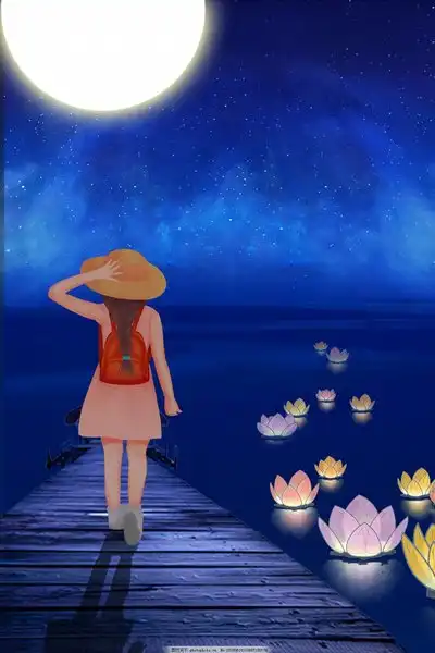 唯美手绘仲夏之夜荷花灯少女月亮背景图片
